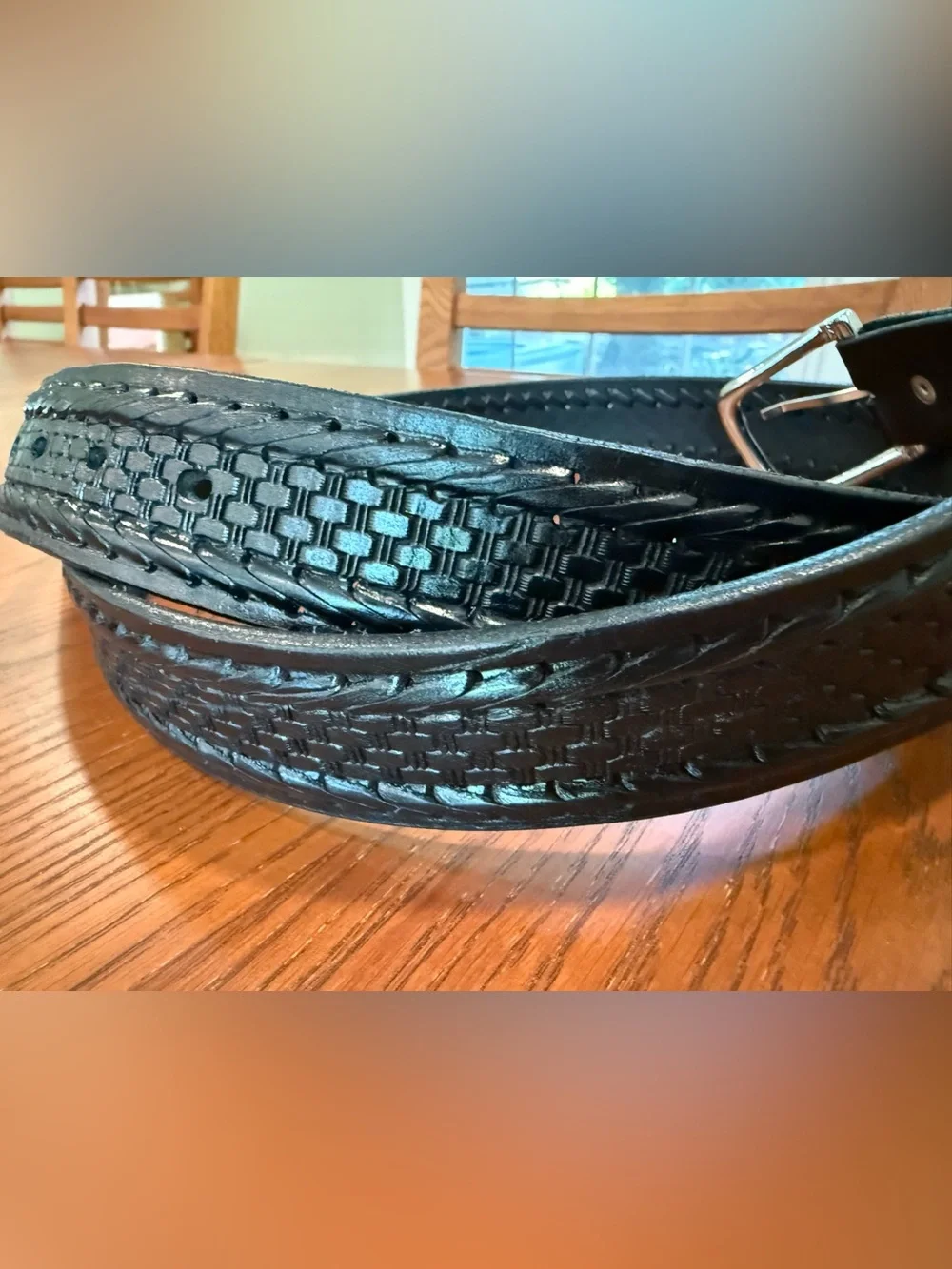 Genuine Leather Basketweave Tooled Black Belt Size 42 Western Casual